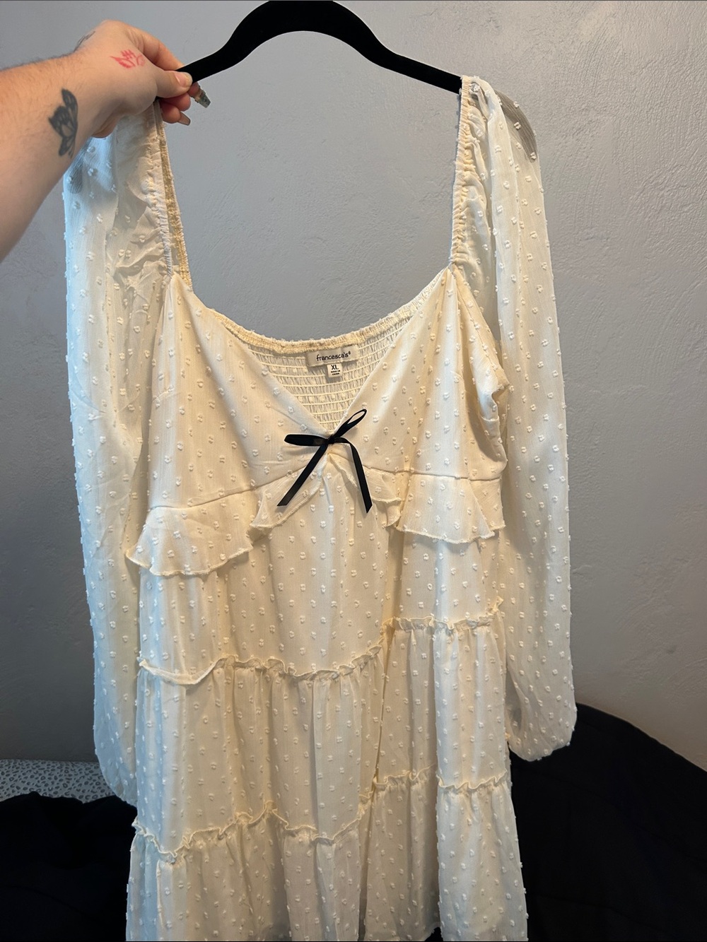 Francesca's Collections Cream Swiss Dot Ruffle Peasant Tunic with Black Bow